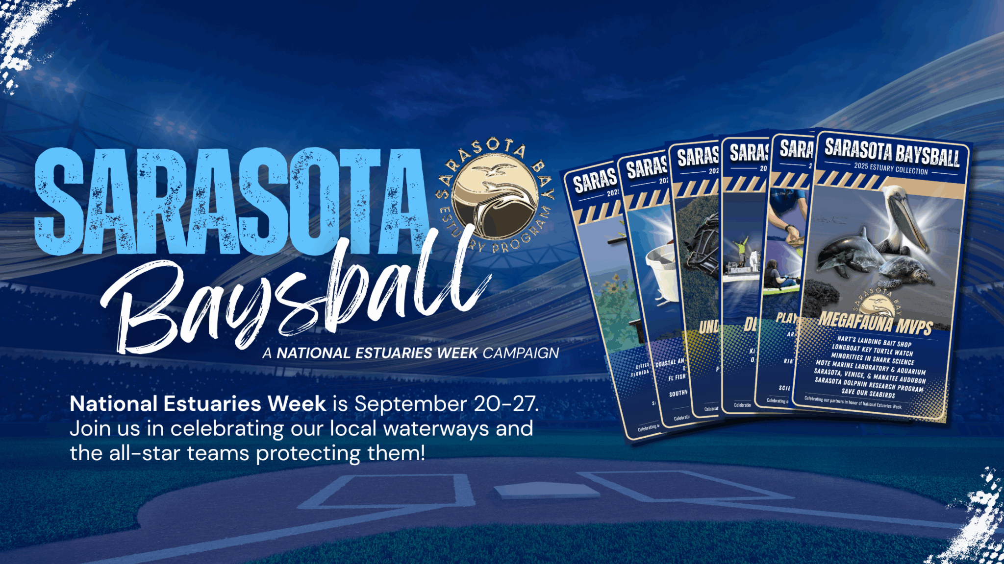 Promotional poster for the Sarasota Bay Estuary Program’s “Sarasota Baysball” campaign, part of National Estuaries Week. The design mimics a baseball theme and invites people to celebrate local waterways and the teams protecting them. The poster features five trading card-style graphics highlighting different annual themes, with the 2025 card titled “Megafauna MVPs” and showcasing marine animals like a pelican, dolphin, sea turtle, and manatee. The background resembles a baseball stadium, with a large logo of the Sarasota Bay Estuary Program in the top right corner.